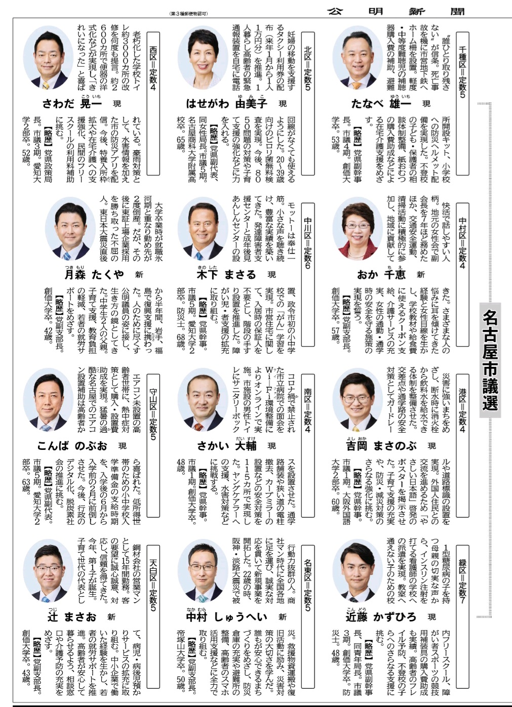 名古屋市議選の予定候補のプロフィール