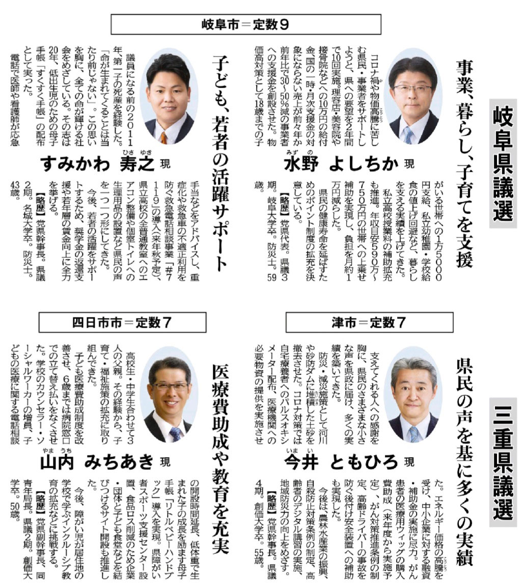 岐阜と三重県議選の予定候補のプロフィール